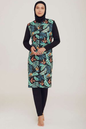 Hijab met amazonebladpatroon Burkini Zwart 1