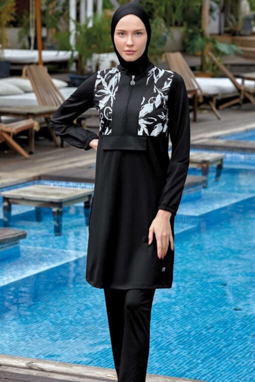 White Leaf Patterned Hijab Swimsuit Black