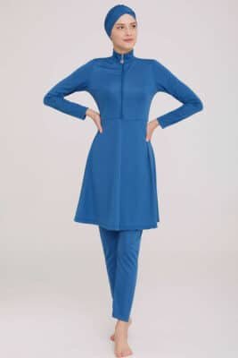Einfarbiger Hijab-Badeanzug mit halbem Reißverschluss, Petrol