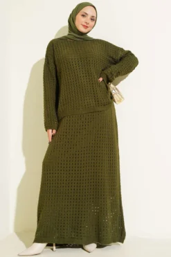Lace Skirt Knit Two-Piece Set Khaki