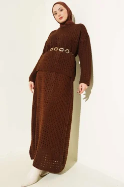 Lace Skirt Knit Two-Piece Set Brown