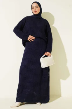 Lace Skirt Knit Two-Piece Set Navy Blue