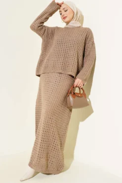 Lace Skirt Knit Two-Piece Set Mink
