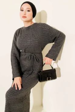 Openwork Belted Knit Dress en gros dress view 2 - Hicabistan usine Turquie