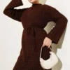 Openwork Belted Knit Dress Brown wholesale dress view 2 - Hicabistan Turkey factory