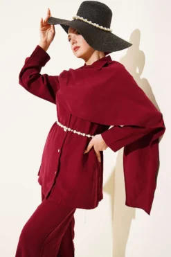 Shawl Collar Detailed Tencel Two-Piece Set Burgundy