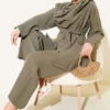 Shawl Collar Detailed Tencel Two-Piece Set Khaki Großhandel clothing set - Hicabistan Türkei Fabrik