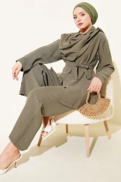 Shawl Collar Detailed Tencel Two-Piece Set Khaki
