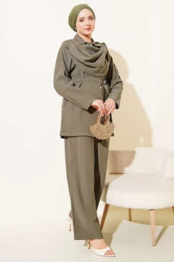 Alternative view of Shawl Collar Detailed Tencel Two-Piece Set Khaki