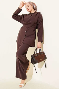 Shawl Collar Detailed Tencel Two-Piece Set Brown