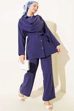 Shawl Collar Detailed Tencel Two-Piece Set Navy Blue