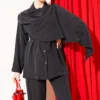 Shawl Collar Detailed Tencel Two-Piece Set Black all'ingrosso clothing set view 2 - Hicabistan fabbrica Turchia