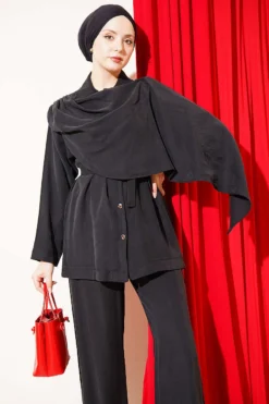 Alternative view of Shawl Collar Detailed Tencel Two-Piece Set Black