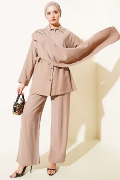 Shawl Collar Detailed Tencel Two-Piece Set Mink