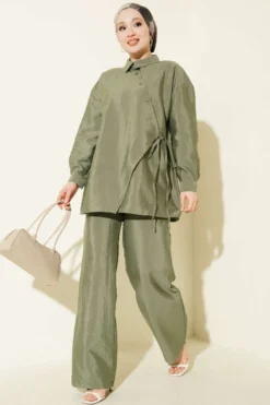 Cross Buttoned Tied Parachute Two-Piece Set Khaki