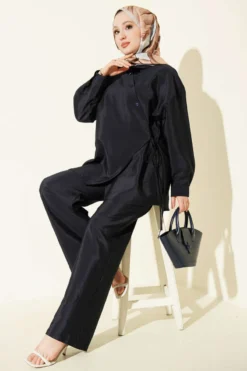 Cross Buttoned Tied Parachute Two-Piece Set Navy Blue