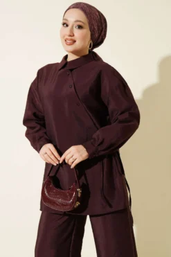 Alternative view of Cross Buttoned Tied Parachute Two-Piece Set Plum