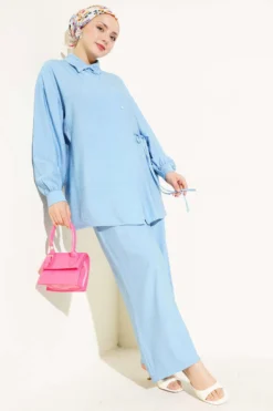 Cross Button Tied Tunic Set Baby Blue