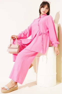 Cross Button Tied Tunic Set Pink