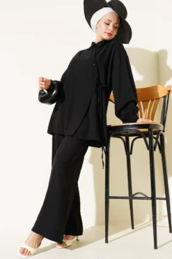 Cross Button Tied Tunic Set Black