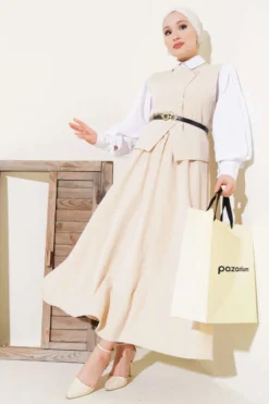 Cross Button Belted Skirt Set Beige