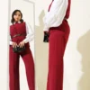Cross Button Belted Vest Set Burgundy