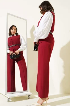 Cross Button Belted Vest Set Burgundy