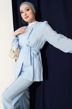 Cross Buttoned Belted Modal Two-Piece Set Baby Blue wholesale clothing set view 2 - Hicabistan Turkey factory
