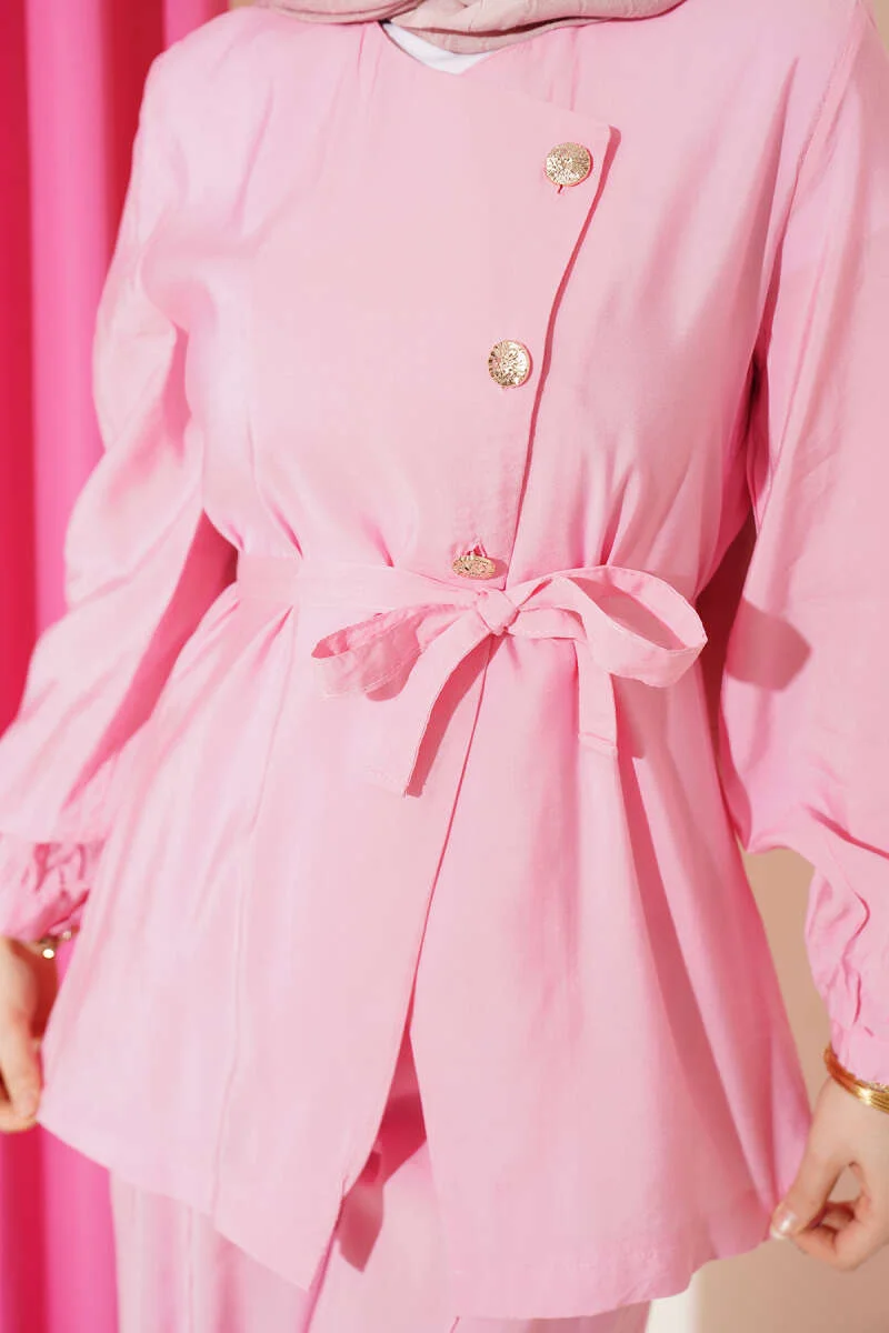 Cross Buttoned Belted Modal Two-Piece Set Pink - Image 4