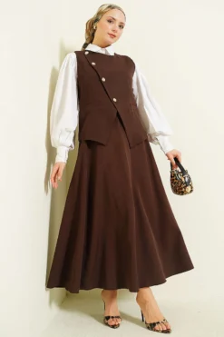Cross-Button Vest Skirt Set Brown