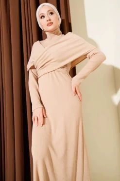 Cross-Transition Ribbed Dress Beige Großhandel dress view 2 - Hicabistan Türkei Fabrik