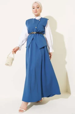 Cross Gold Button Skirt Set Indigo