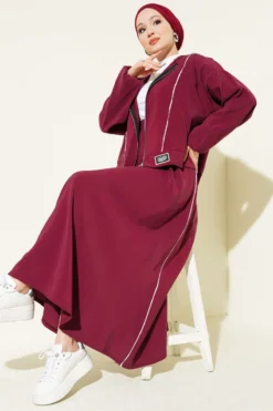 Striped Modal Skirt Set with Emblem Detail Burgundy
