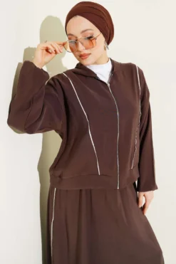Striped Modal Skirt Set with Emblem Detail Brown
