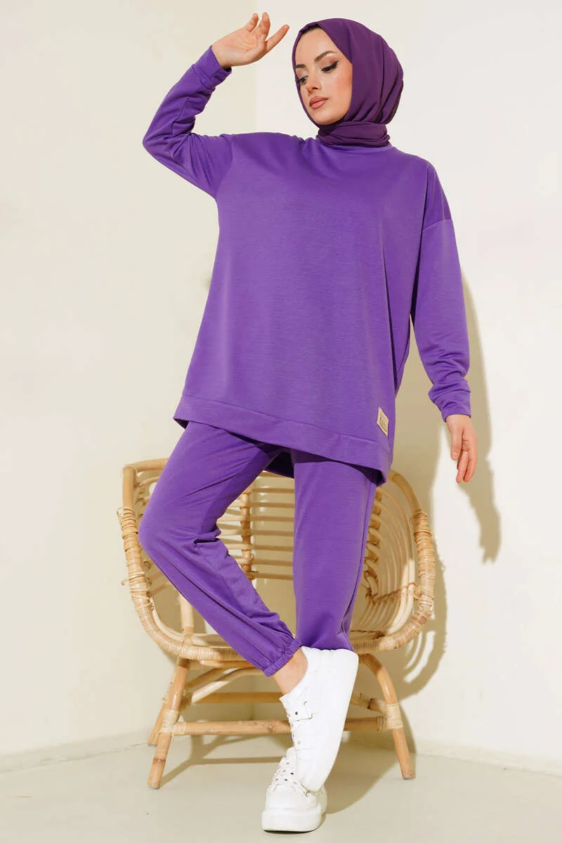 Emblem Detail Two-Piece Set Purple en gros clothing set view 3 - Hicabistan usine Turquie
