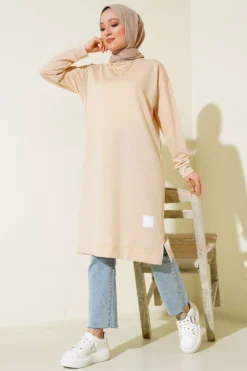 Embroidered Long Tunic Beige