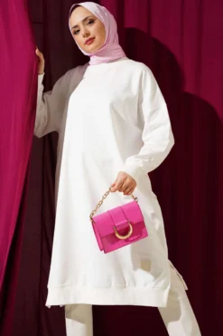 Embellished Long Tunic with Slit Ecru