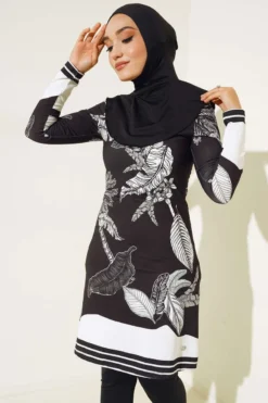 Vista alternativa di Detailed Leaf Pattern Modest Swimsuit with Sleeves Black