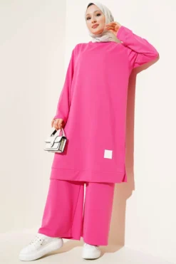 Embroidered Wide Leg Two-Piece Set Fuchsia en gros clothing set - Hicabistan usine Turquie