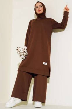 Embroidered Wide Leg Two-Piece Set Brown