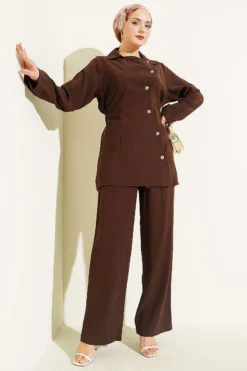 Asymmetrical Buttoned Tencel Two-Piece Set Brown