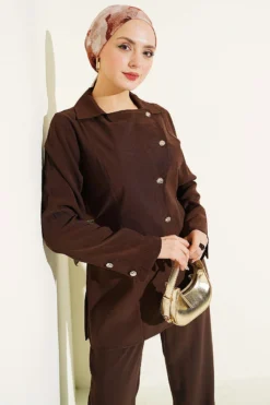 Alternative view of Asymmetrical Buttoned Tencel Two-Piece Set Brown