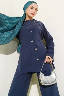 Asymmetrical Buttoned Tencel Two-Piece Set Navy Blue