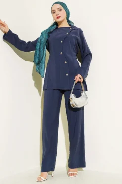 Alternative view of Asymmetrical Buttoned Tencel Two-Piece Set Navy Blue