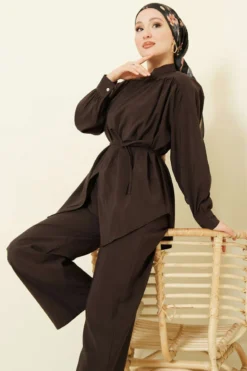 Asymmetrical Tie Belt Modal Two-Piece Set Brown