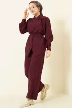 Asymmetrical Tie Belt Modal Two-Piece Set Burgundy