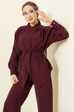 Alternative view of Asymmetrical Tie Belt Modal Two-Piece Set Burgundy