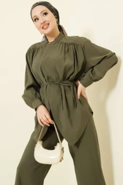 Alternative view of Asymmetrical Tie Belt Modal Two-Piece Set Khaki