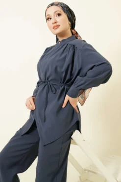 Alternative view of Asymmetrical Tie Belt Modal Two-Piece Set Indigo