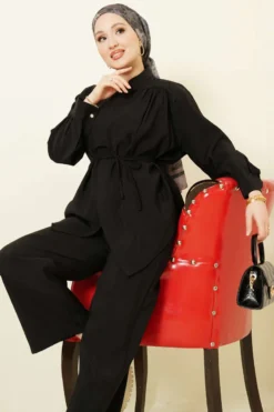 Asymmetrical Tie Belt Modal Two-Piece Set Black